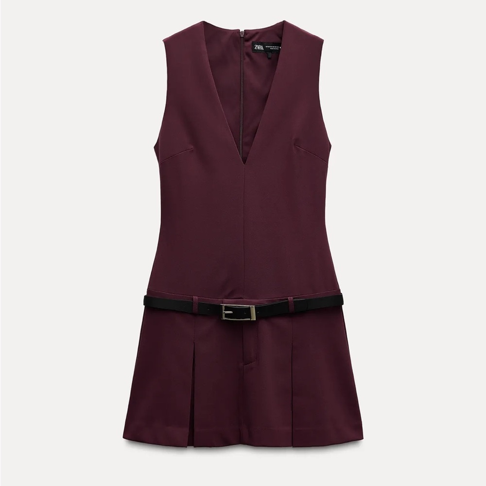 Zara Burgundy BELTED BOX PLEAT DRESS